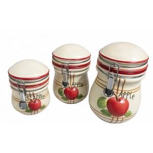 Apple Ceramic Canister Set 3pc Clamp Lid Jars Farmhouse Kitchen cottagecore